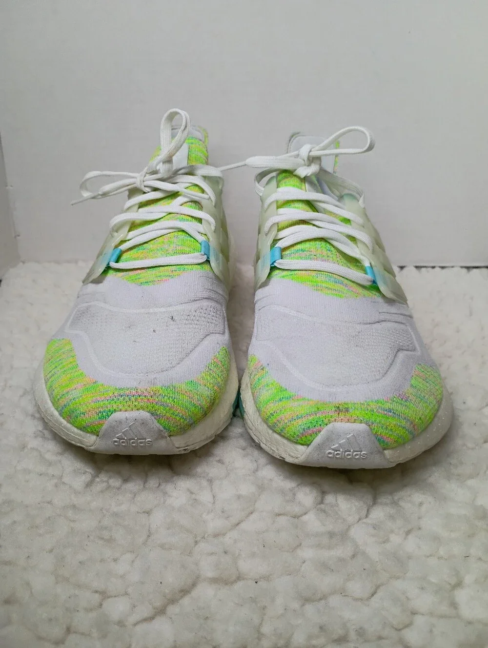 Adidas Ultraboost 22 Mens 14 White Solar Green Bliss Blue Running Shoes GX5913.
